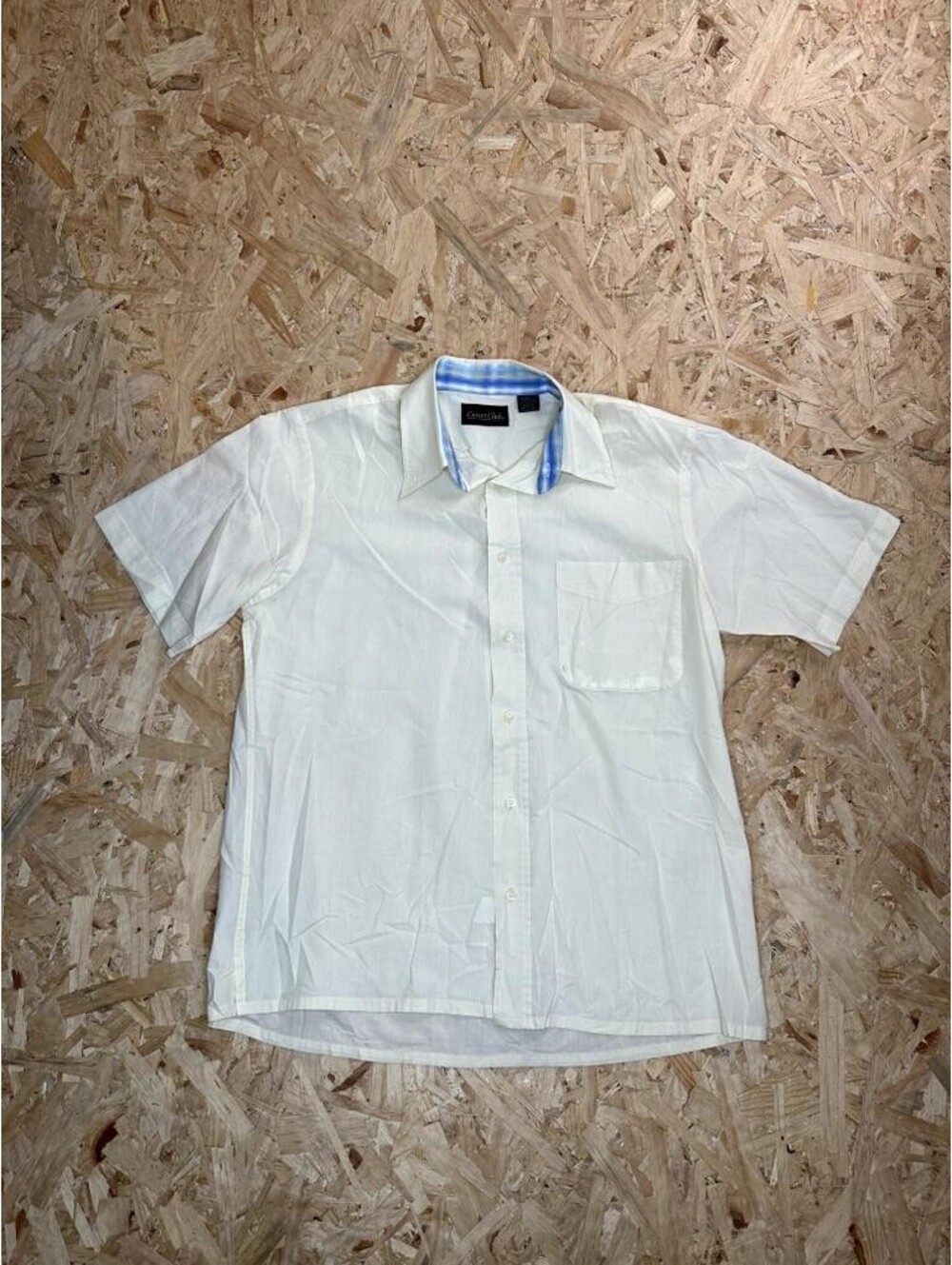 Career Club Vintage Mens Medium Short Sleeve Button Up Shirt Cream Plaid Collar